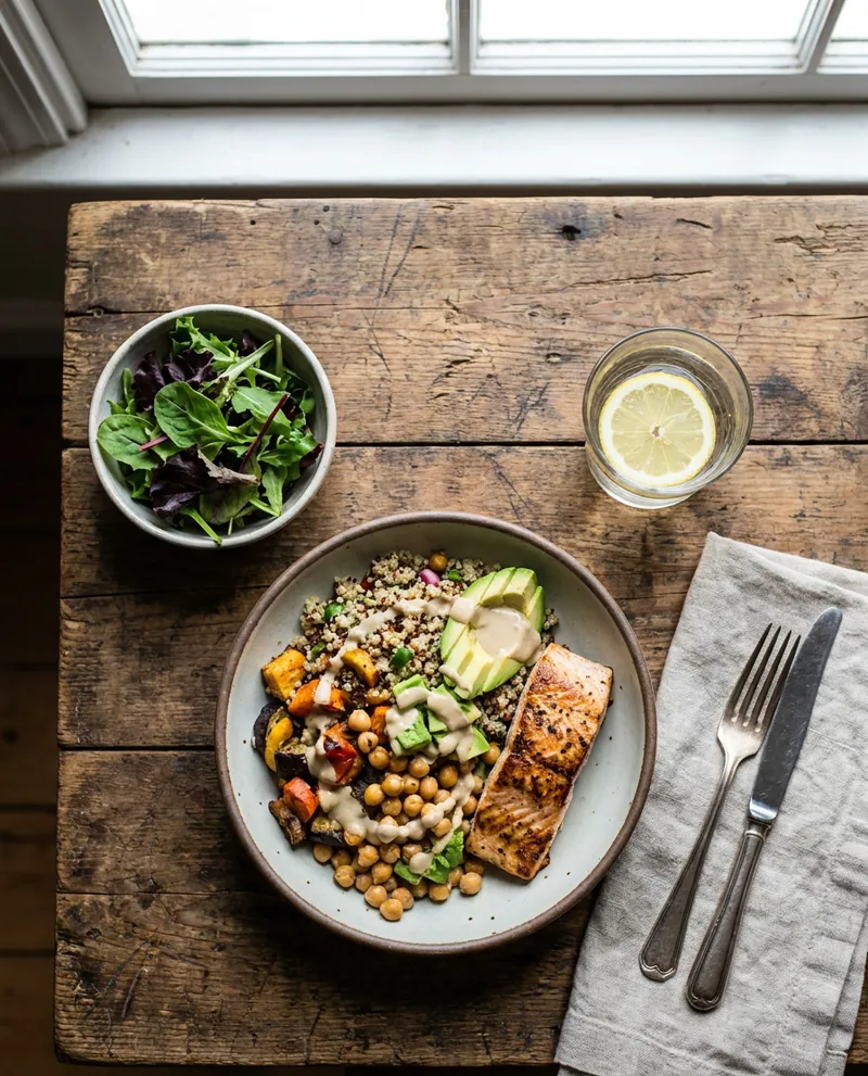 A grain bowl with roasted vegetables, chickpeas, avocado and salmon on a rustic wooden table.