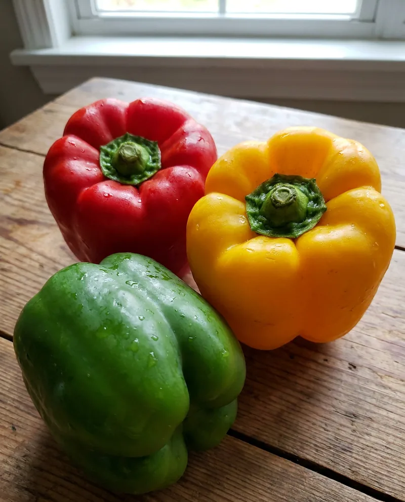 Red, yellow and orange bell peppers arranged closely together.