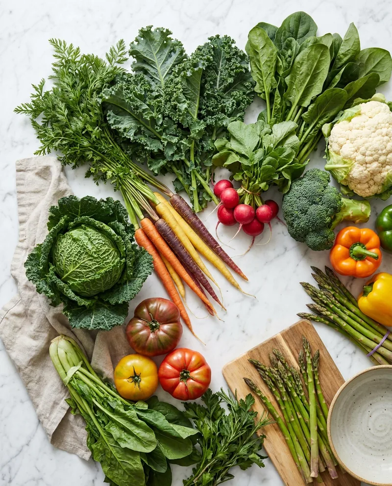 An overhead spread of fresh vegetables: kale, spinach, carrots, radishes, tomatoes, broccoli and asparagus on a marble surface.